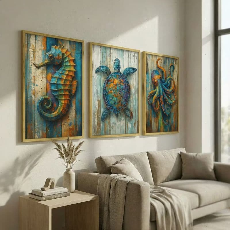 Kit 3 Quadros Decorativos Mar e Vida Marinha 40x60cm MDF H.E.P Decore