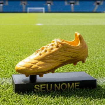 Troféu Chuteira de Ouro com Nome Gravado e Base. Enfeite Futebol