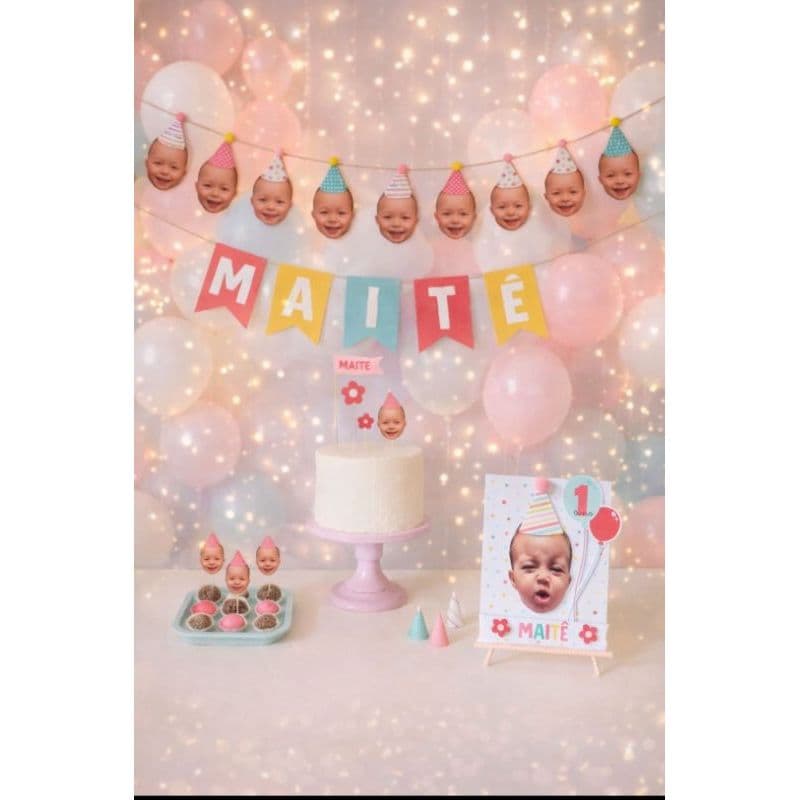 Kit Festa só um bolinho com Foto – Topo de Bolo + Varal de Rostinhos + Plaquinhas – festa infantil / Mêsversário