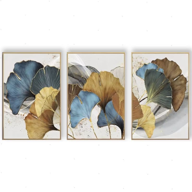 Quadro Mosaico 3 Peças Abstrato Folhas Ginkgo Luxo - H.E.P Decore - 120x60cm