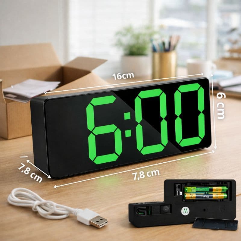 Relógio LED Multifuncional Digital Mesa Calendário Alarme Sensor Temperatura Brilho Ajustável Verde