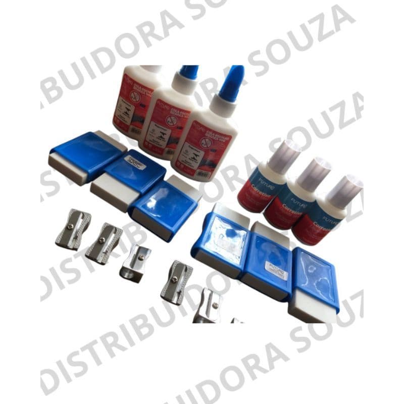 KIT 3 COLA 40G, 6 BORRACHAS, 6 APONTADOR DE METAL,  3 CORRETIVO LIQUIDO 18ML