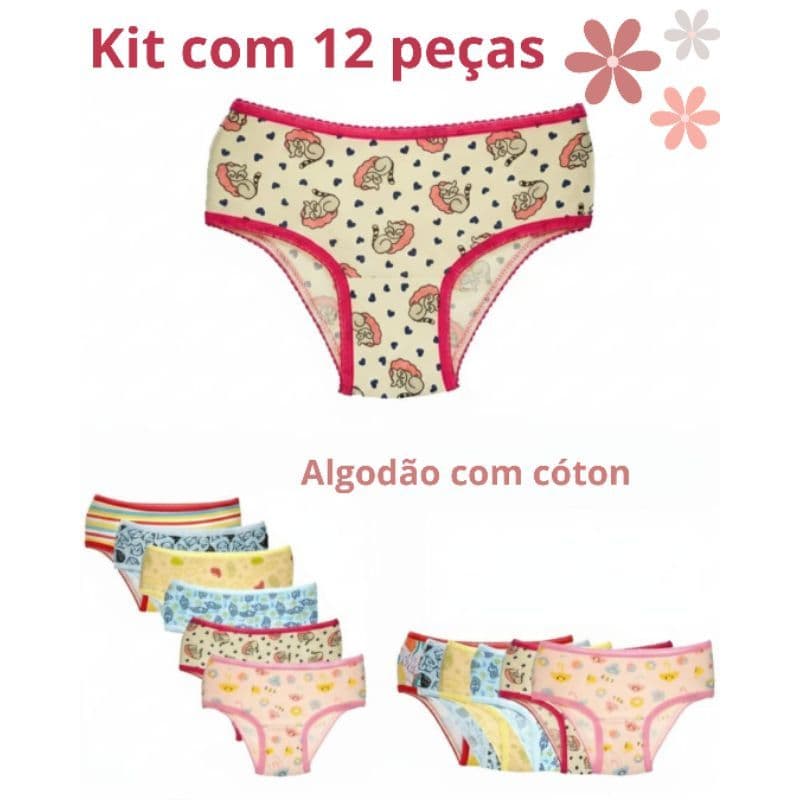 Kit 12 calcinhas infantis estampada - com cóton
