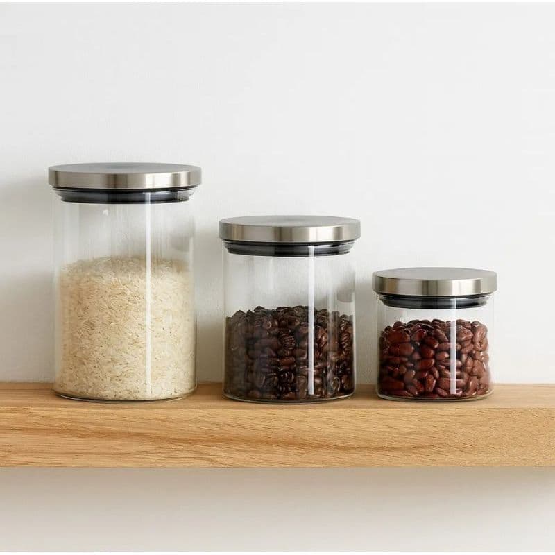 Conjunto de 3 Potes de Vidro com Tampa de Inox vedação de silicone Kit Cozinha Organizada