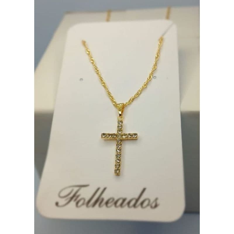 Colar Folheado Ouro Pingente Cruz Strass Corrente