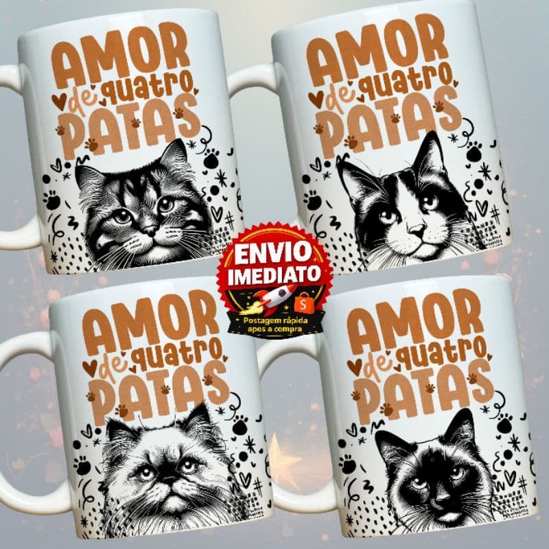 Caneca Personalizada Amor de Quatro Patas Várias Raças | Gato | Presente Criativo para Quem Ama Pets