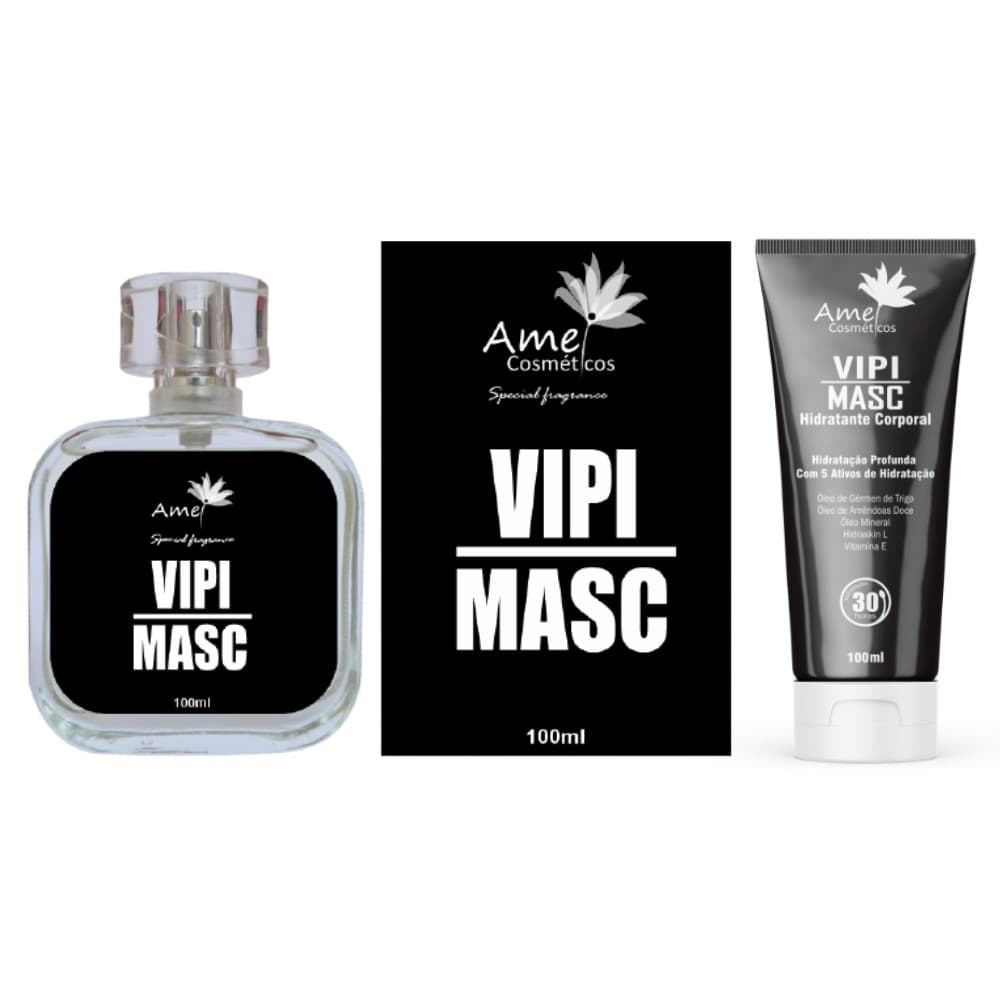 Kit Perfume e Hidratante Masculino Vipi Masc Amei Cosmeticos Alta Fixação Essência Importada