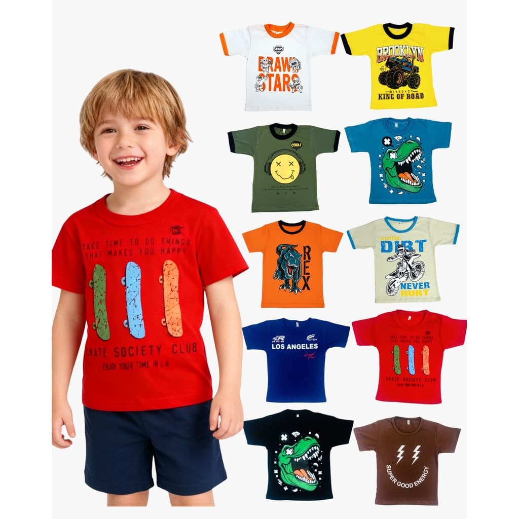 Kit Com 5 Camisas 100%Algodão  Sortidas Estampadas Lançamento Juvenil  Menino Infantil