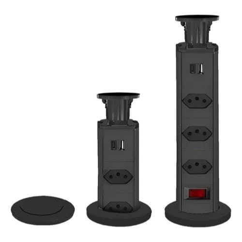 Torre Tomada Preta Retrátil 3 Entradas + Usb Tipo C Embutir Deslizante Bivolt Multiplug Mesa Bancada