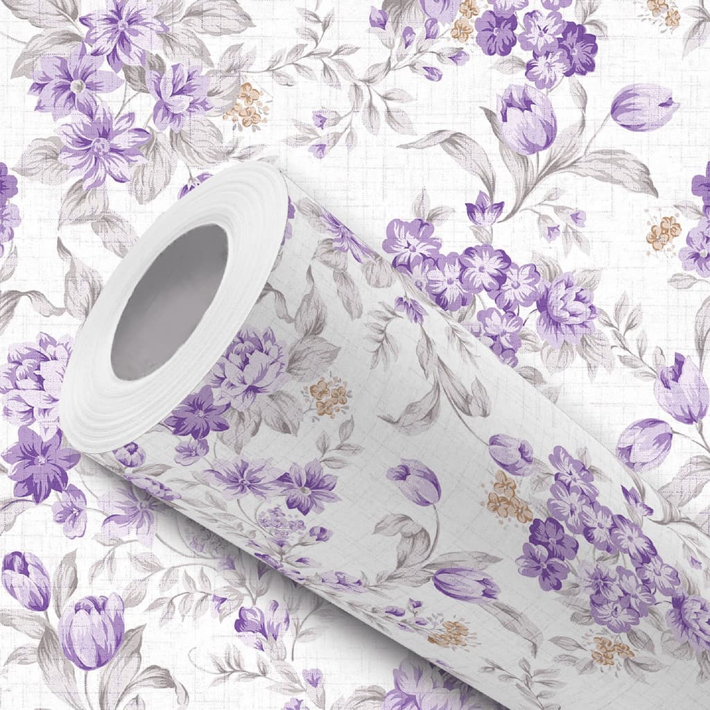 Papel de Parede Vinílico Floral Lilás Efeito Linho Adesivo Resistente