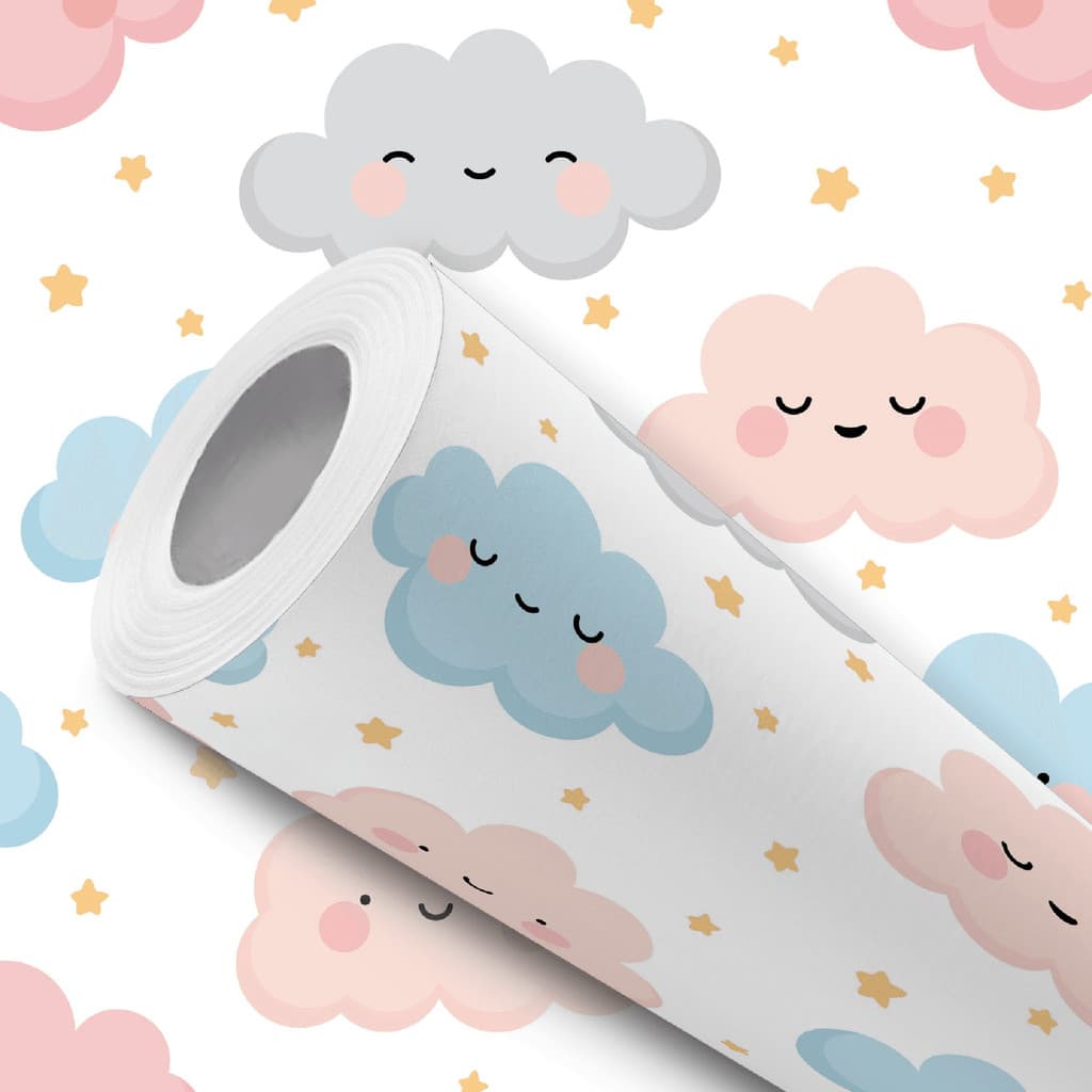 Papel de Parede Vinílico Nuvem Feliz Bebê Rosa Azul Adesivo Resistente