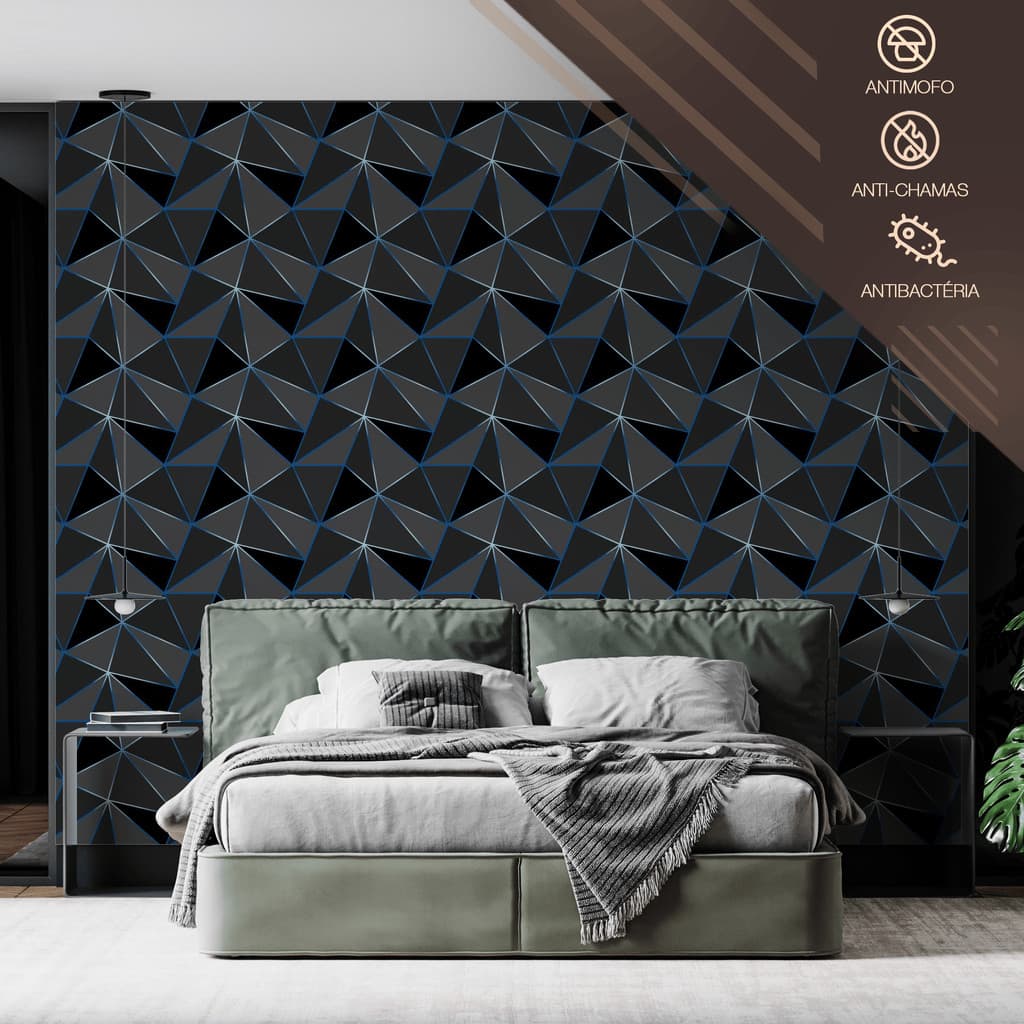 Papel de Parede Vinílico Triângulos Preto e Cinza Adesivo Resistente