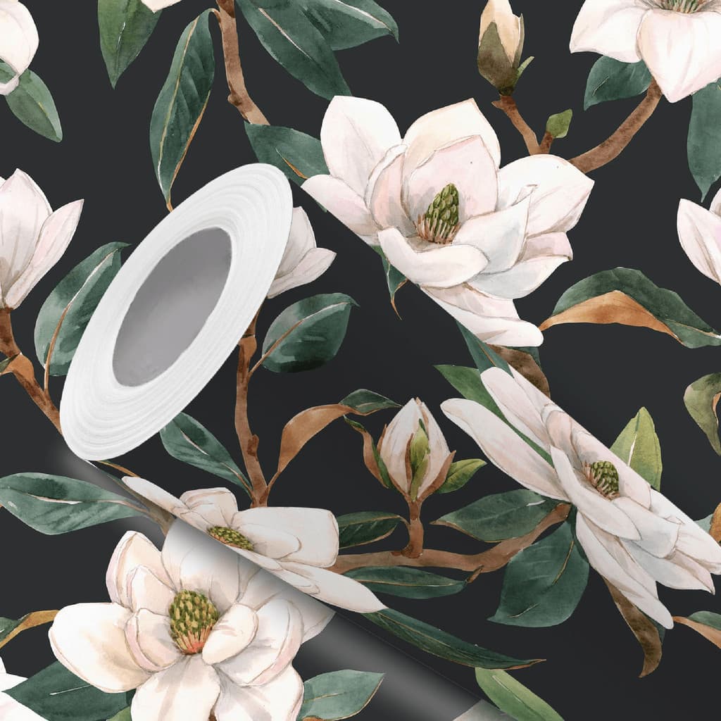 Papel de Parede Vinílico Fundo Preto Flores Magnólia Adesivo Resistente