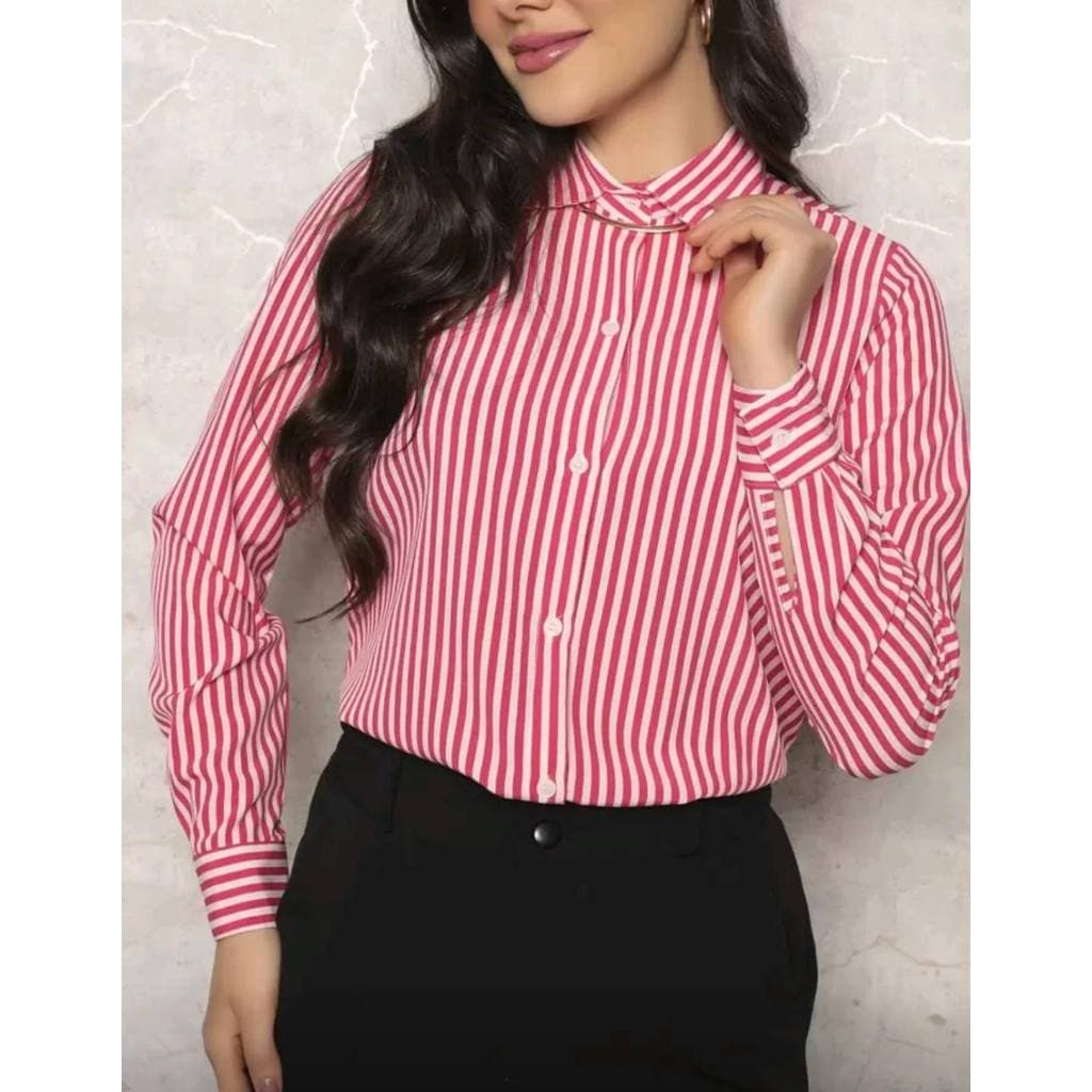 Camisa Listrada Feminina Social Elegante Blusa Botão Casual Crepinho Comprida P ao GG