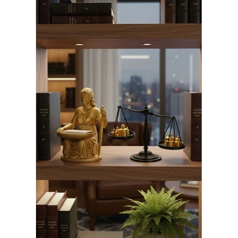 Kit Decoração Direito: Estátua Deusa da Justiça Têmis Dourada + Balança da Justiça Vintage - Luxo Escritório Advocacia