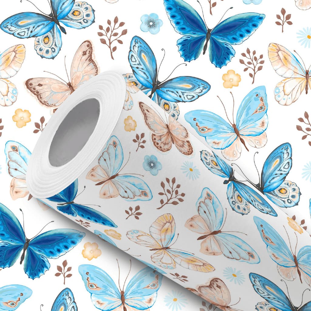 Papel de Parede Adesivo Bege com Borboletas Azul Fácil Instalação