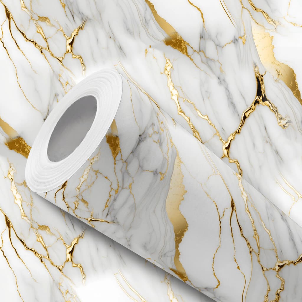 Papel de Parede Adesivo Mármore Branco Com Dourado Fácil Instalação