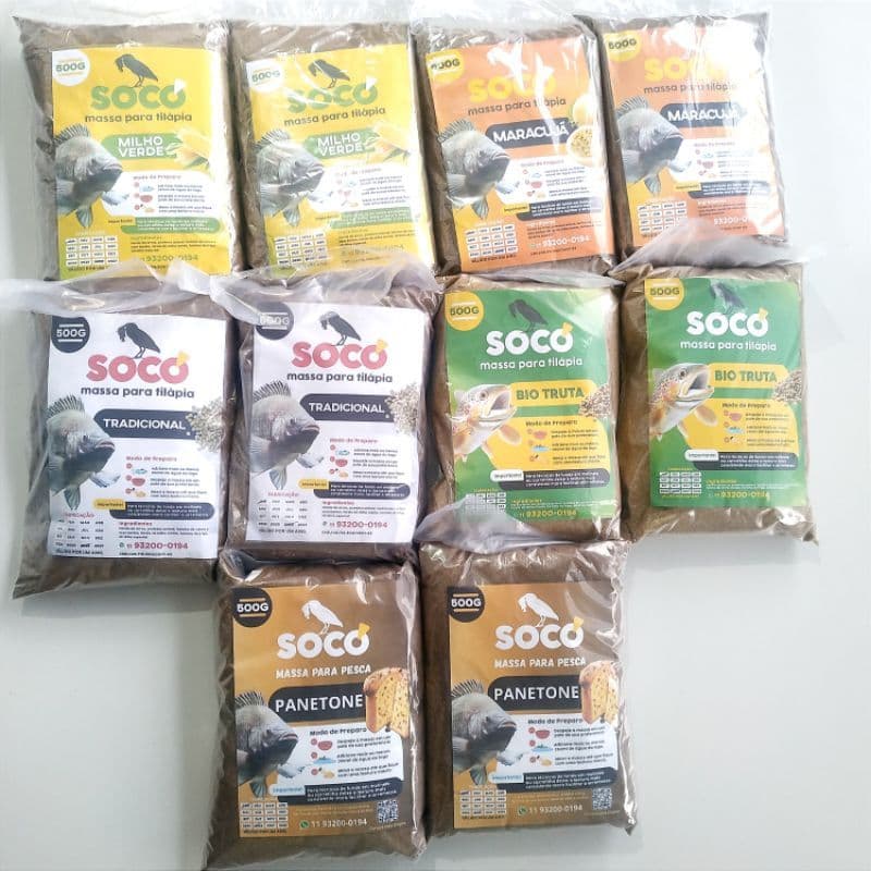 KIT 10 MASSAS SOCÓ NO ATACADO P/ PESQUEIRO, CASA DE RAÇÃO E LOJA DE PESCA, TODAS VARIEDADES