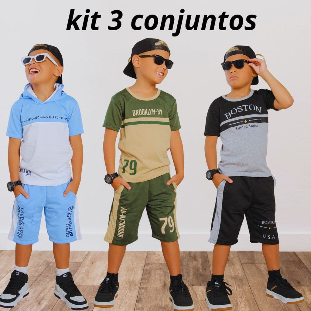 Kit com 3 Conjuntos Infantil Juvenil Masculino Blogueirinho Estiloso do 2 ao 14