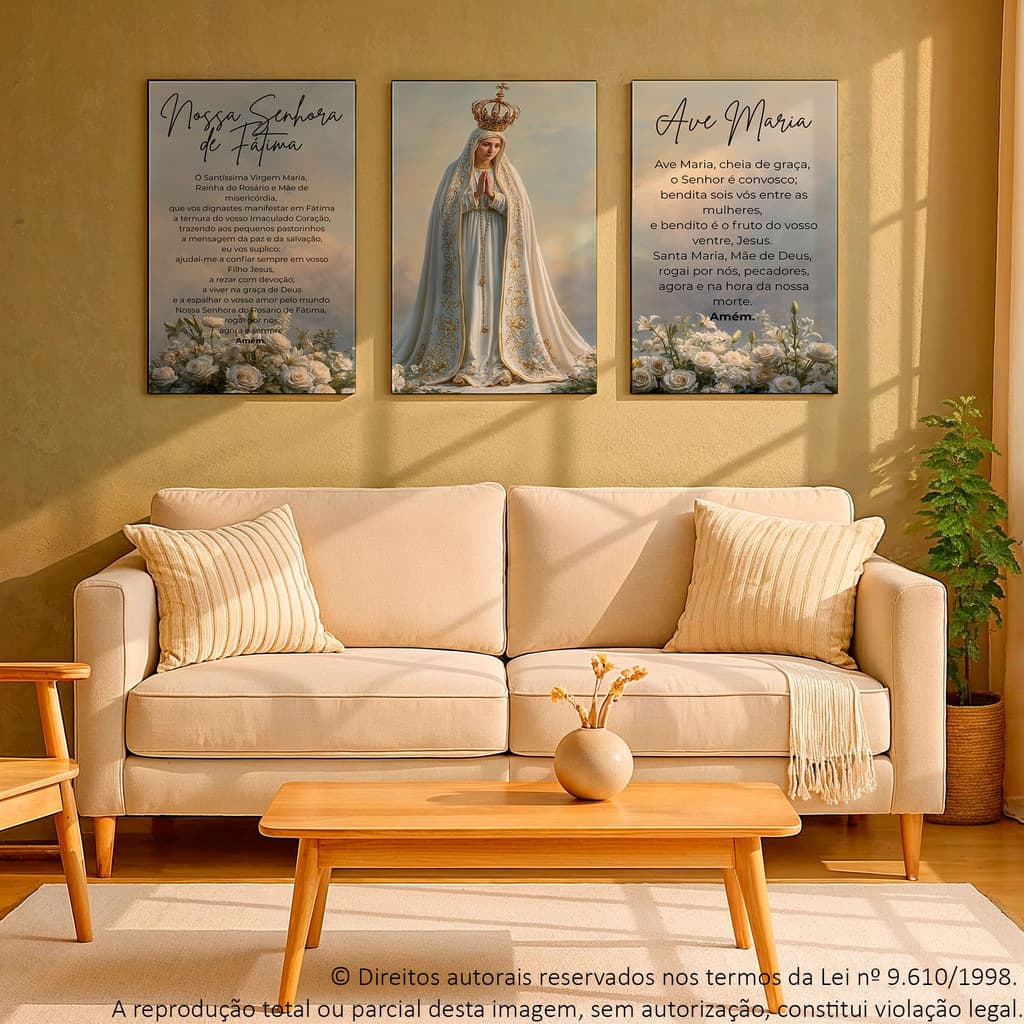 Kit 3 Quadros Decorativo Religioso Nossa Senhora de Fatima e Ave Maria