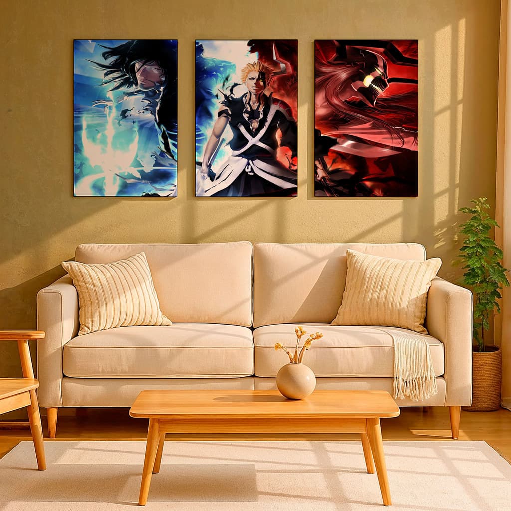 Kit 3 Quadros Decorativo Mosaico Anime/Manga Bleach Azul e Vermelho