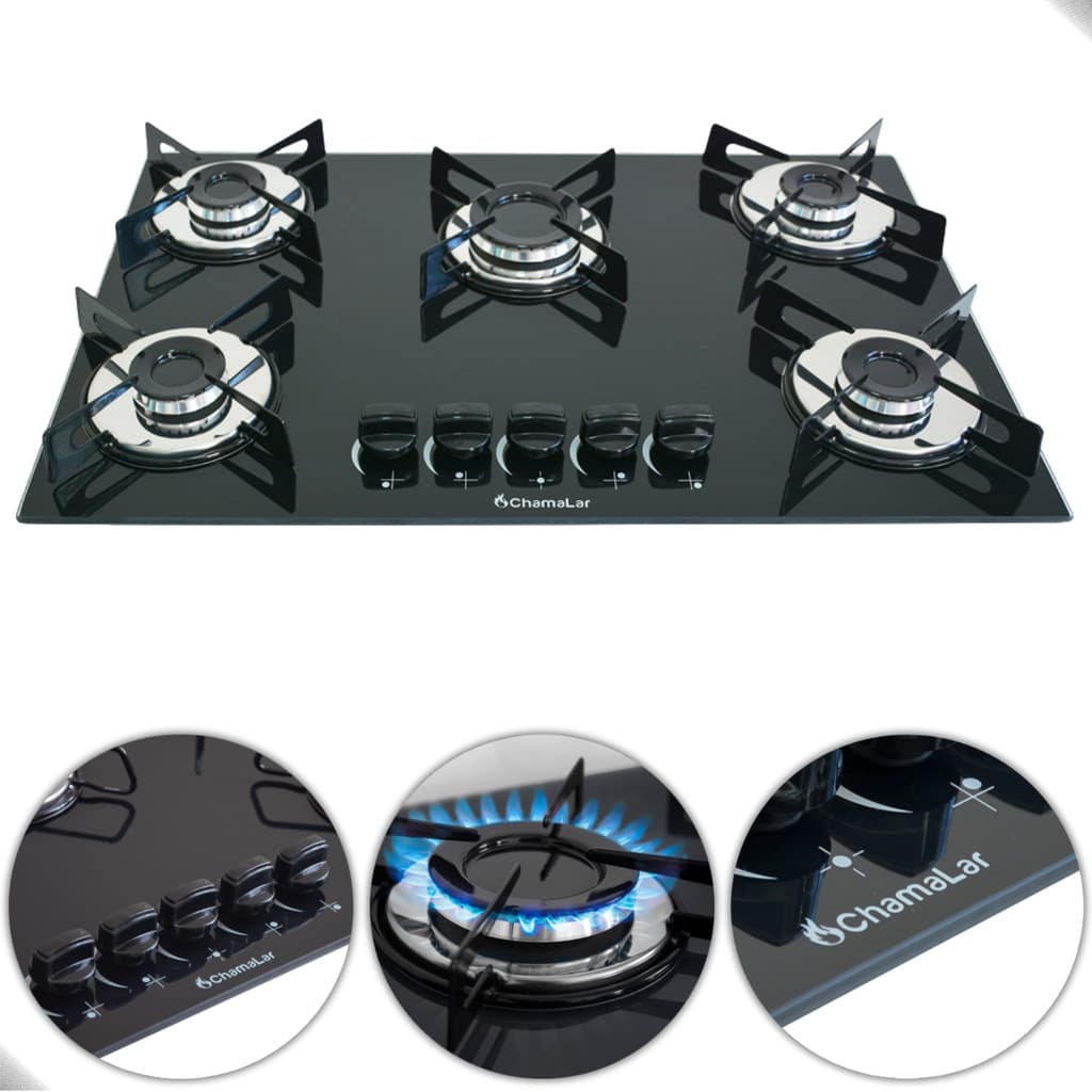 COOKTOP 5 BOCAS PRETO ULTRA CHAMA ACENDIMENTO AUTOMATICO BIVOLT 220/127V