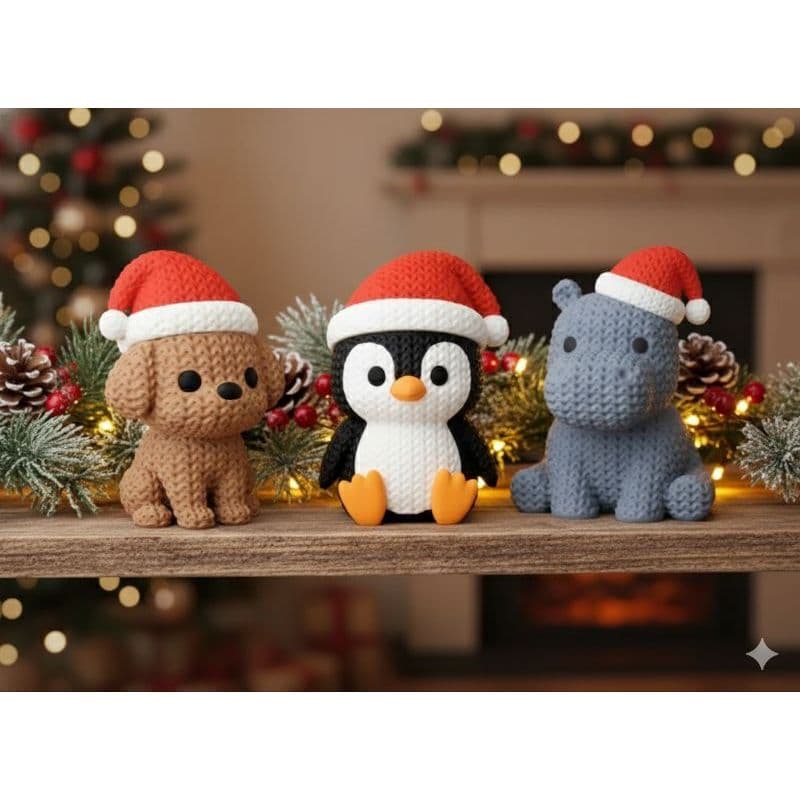 Enfeites de Natal estilo Amigurumi - Doguinho, Pinguim e Hipopótamo 🎄