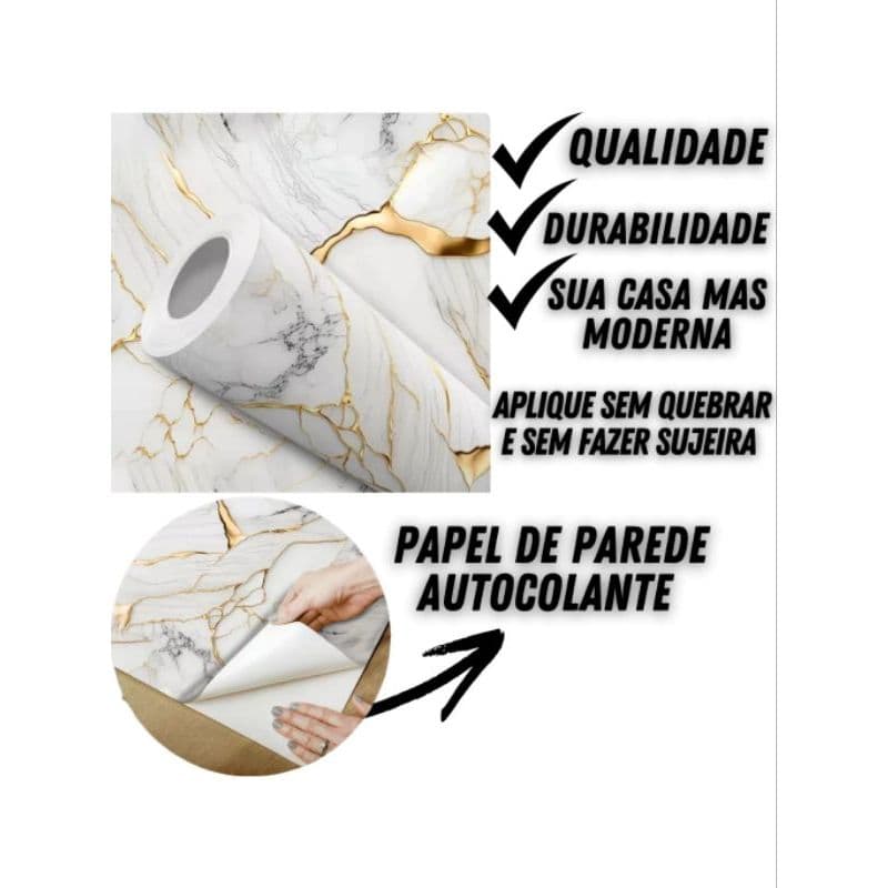 Papel de Parede adesivo Marmorizado com branco 45cm X 5m moderno sala quarto cozinha