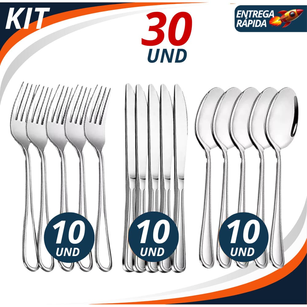 Jogo de Talheres 30 peças  Aço Inox 10 Facas 10 Garfos e 10 Colheres de Mesa Casa Para Cozinha