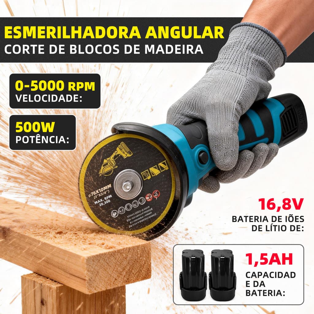Esmerilhadeira angular Sem Fio Portátil Corte e Polimento Rápido: Esmerilhadeira 5000 RPM +8 Discos de Corte+2 Baterias