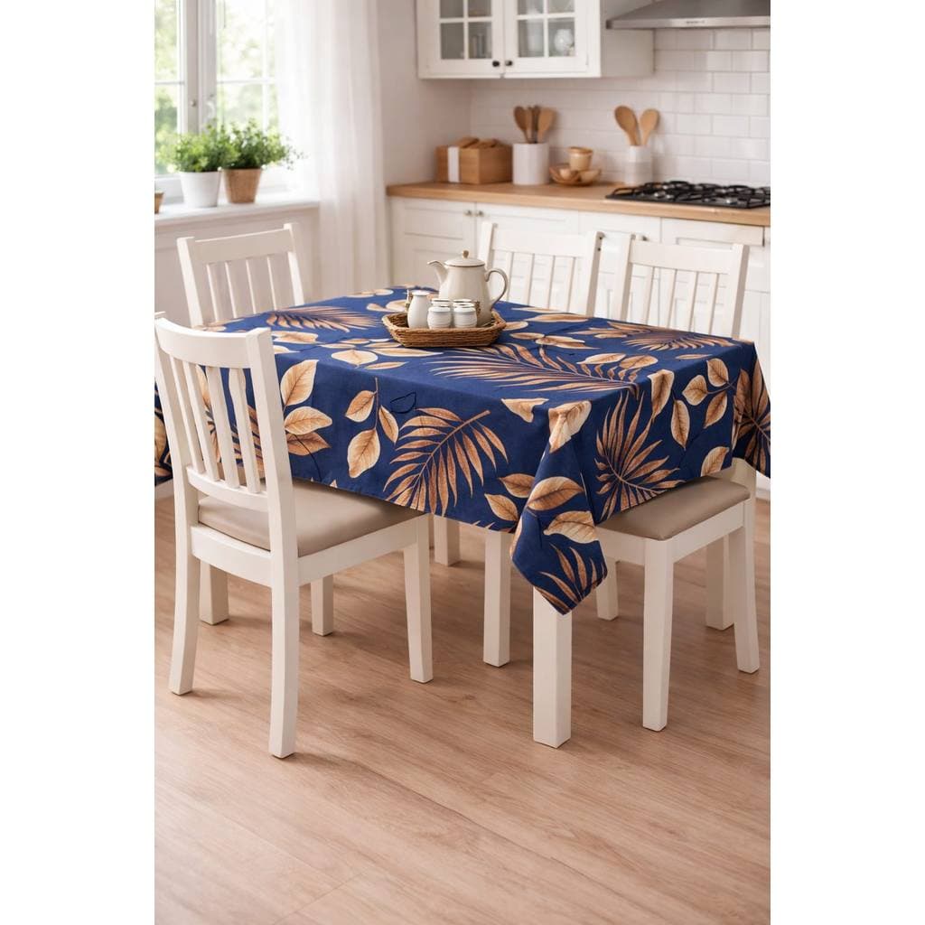 Toalha De Mesa Quadrada 4 Cadeiras Oxford Premium Estampa Folhagem Azul E Bege Decorativa