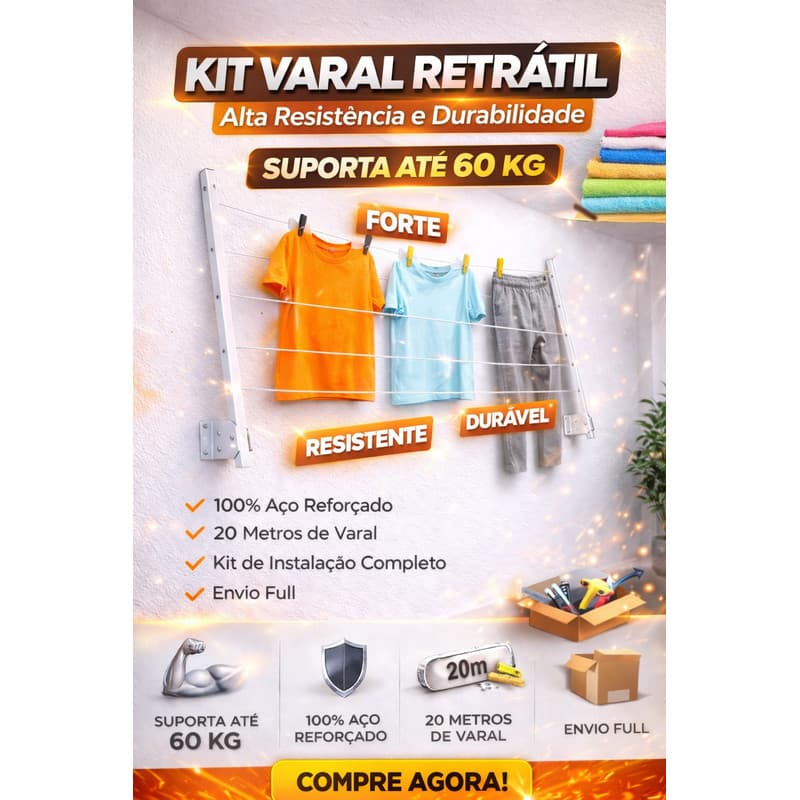 Varal de Roupa de Parede Retrátil de alumínio para Sacada Até 60kg - BRANCO