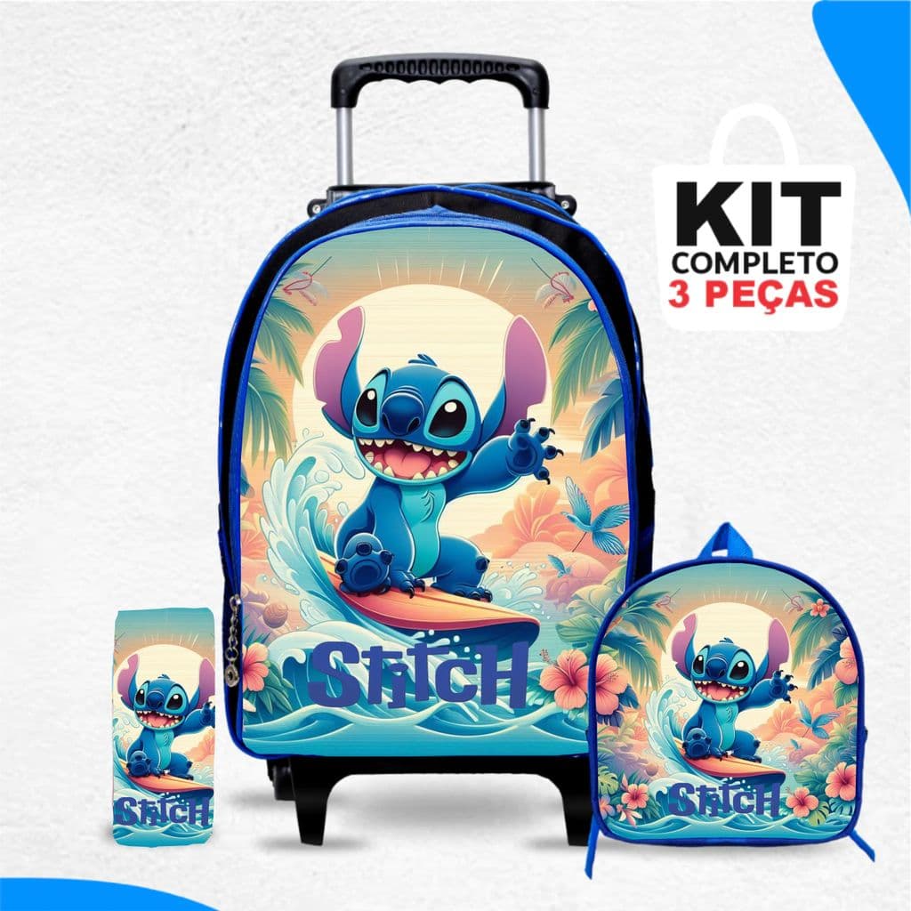 Kit mochila escolar Stithc com lancheira e Estojo - com Rodinhas - Menino - Masculino