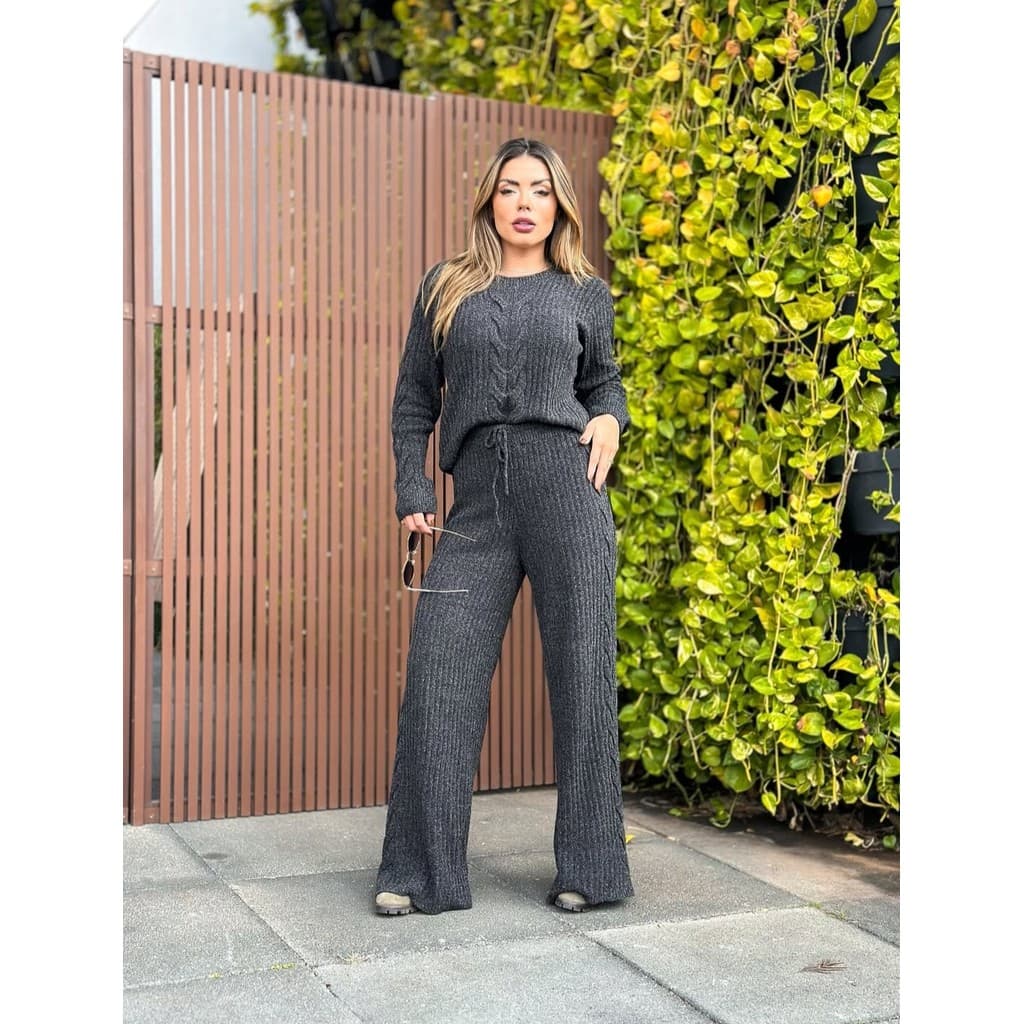 Conjunto Feminino Blusa Manga Longa E Calça Pantalona Trico Tricot Croche