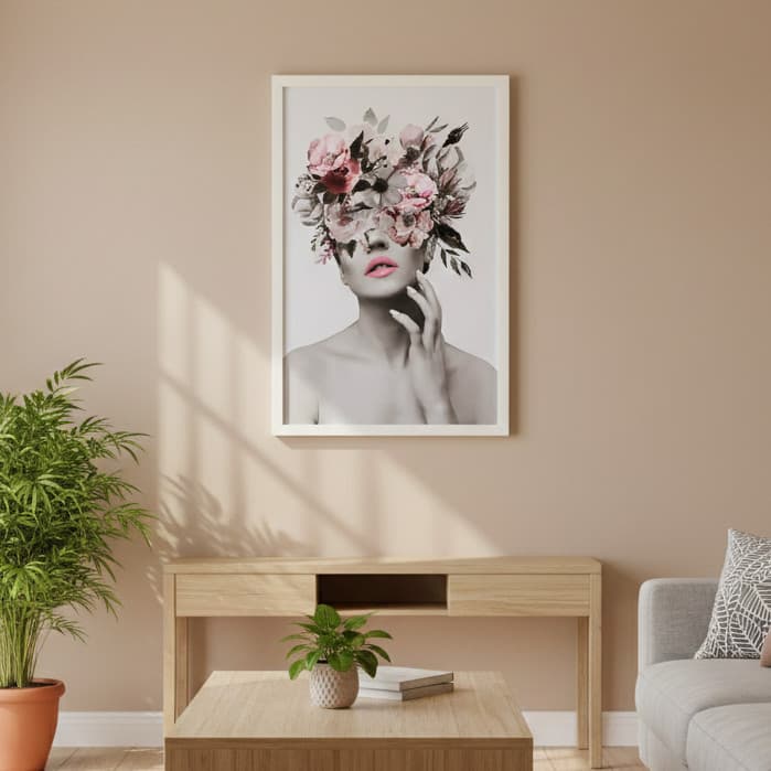 Quadro Decorativo Mulher Cabeça Com Flores Moldura Caixa TokQuadros