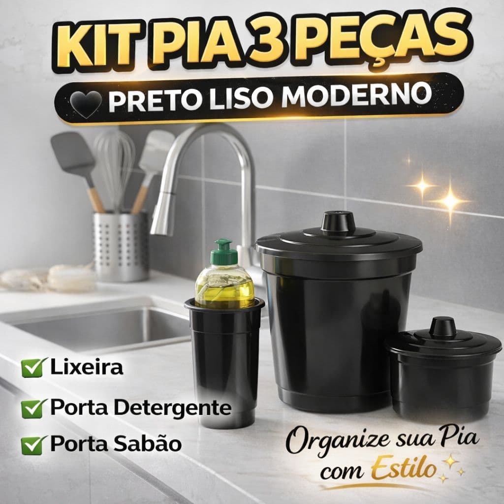 Kit Pia Cozinha 3 Peças Black Preto Liso Lixeira Porta Sabão e Detergente