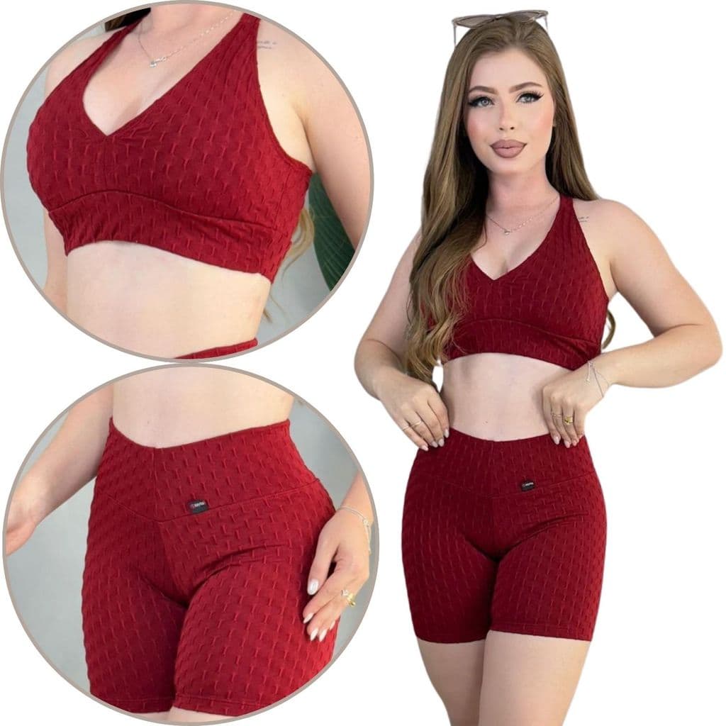 Conjunto De Academia Feminino Top Nadador + Short Legging  Jacquard Bolha Brocada Zero Transparência Fitness