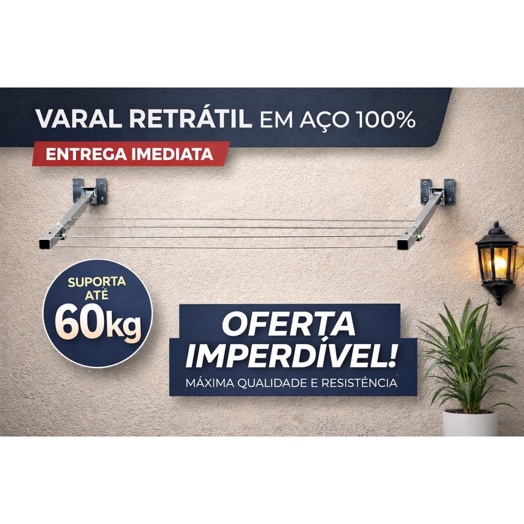 Varal Retrátil Parede 100% Alumínio Suporte Resistente até 60kg - Envio Imediato