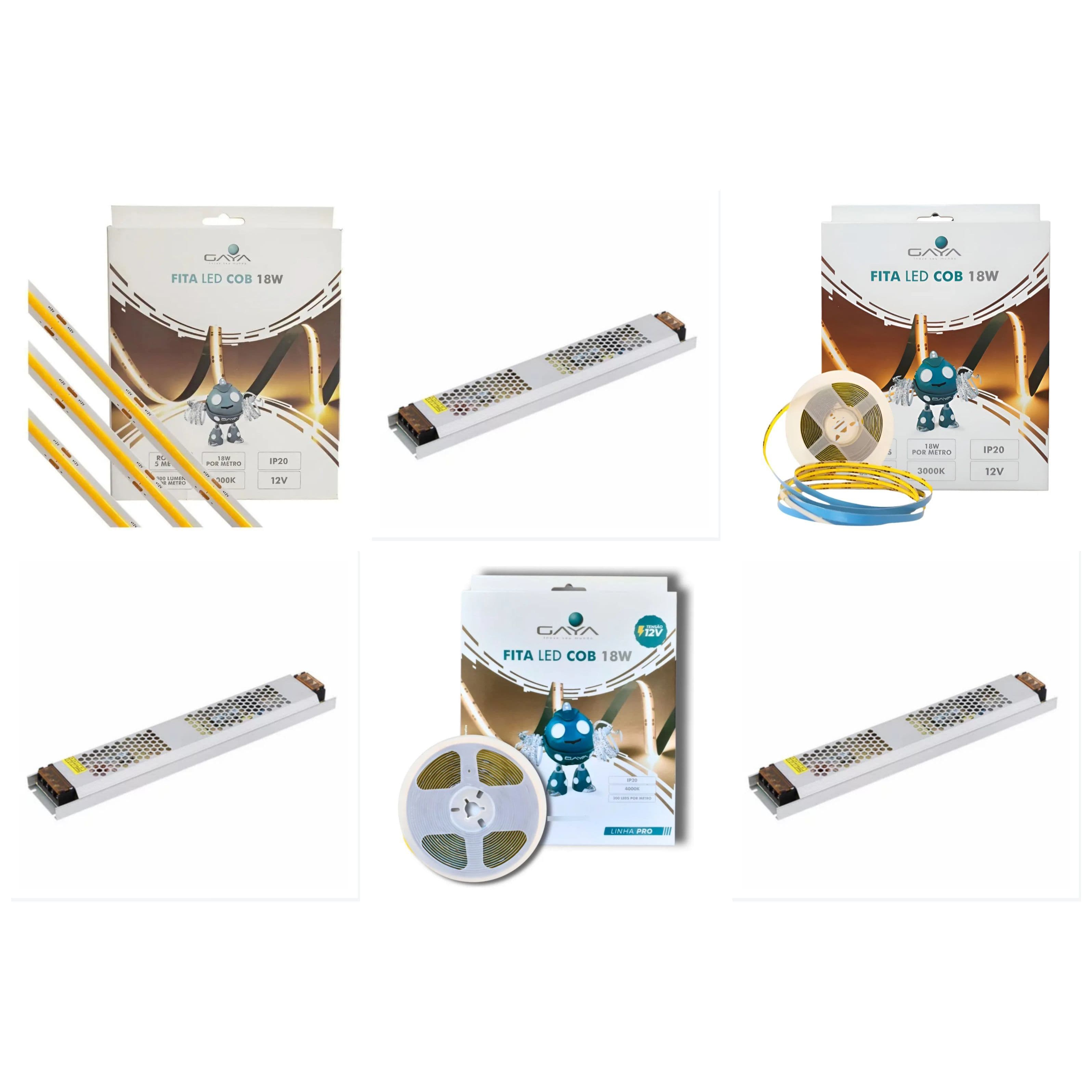 Fita Led Cob 18w 1800lm 12v Kit com 4 + 2 Fonte Driver Slim Perfil 12v 20a 200w Para Fita Led Gaya