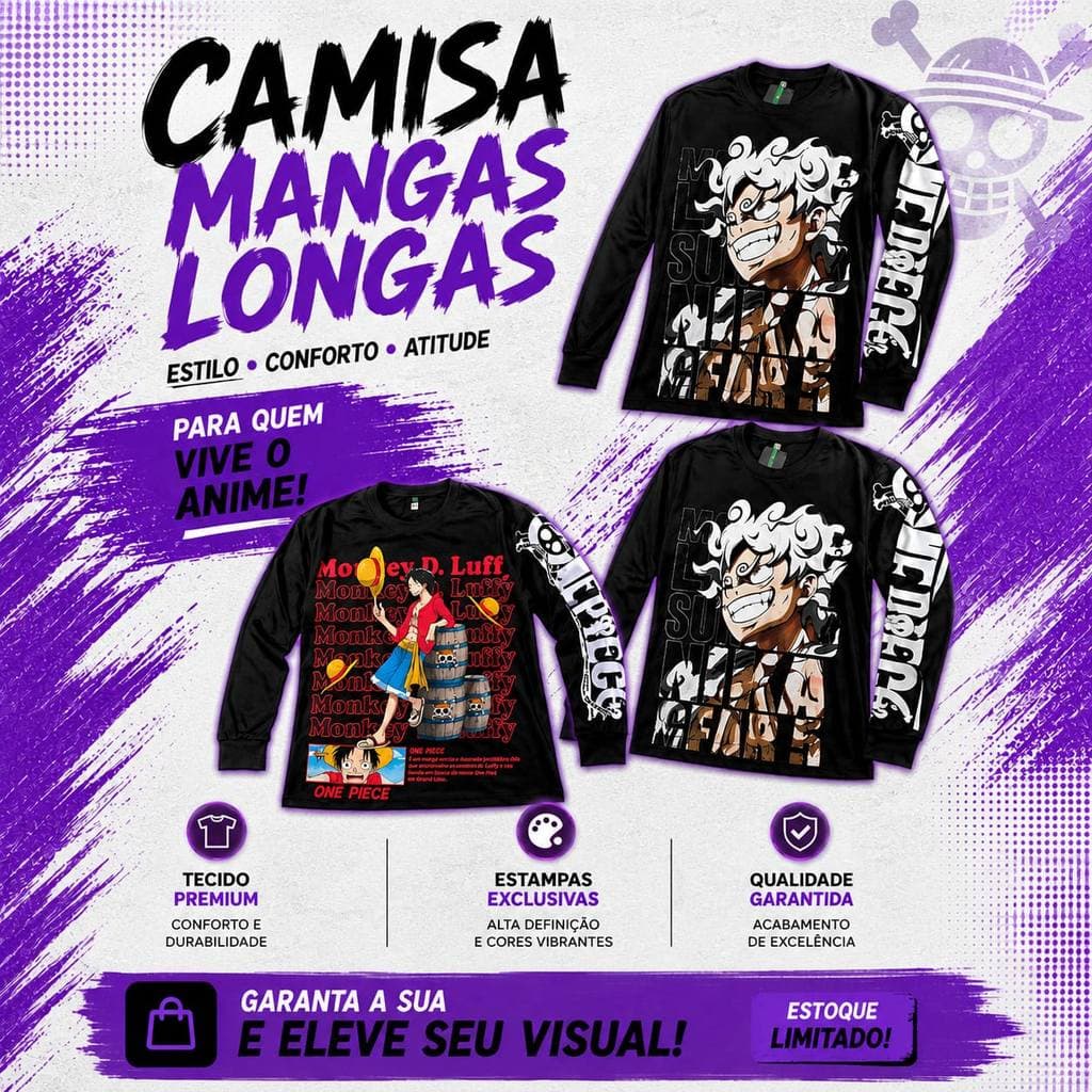 Camiseta Manga Longa One Peice Personagens 100% Algodão Camisa Infantil Personagens