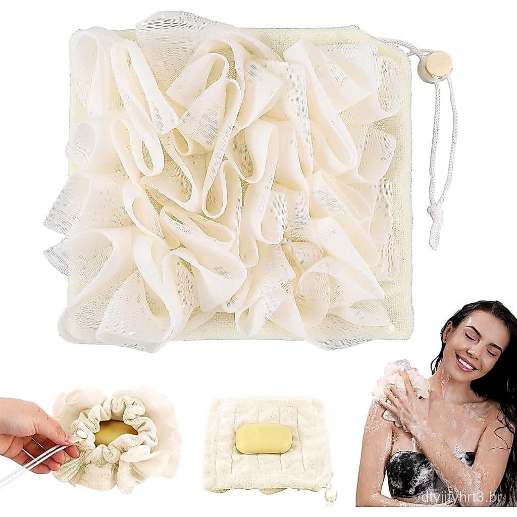 1 Peça de Esponja de Banho e Lufa Combinada, Esponja de Lufa 2 em 1 com Cordão, Bola de Rede Esfoliante para Banho para