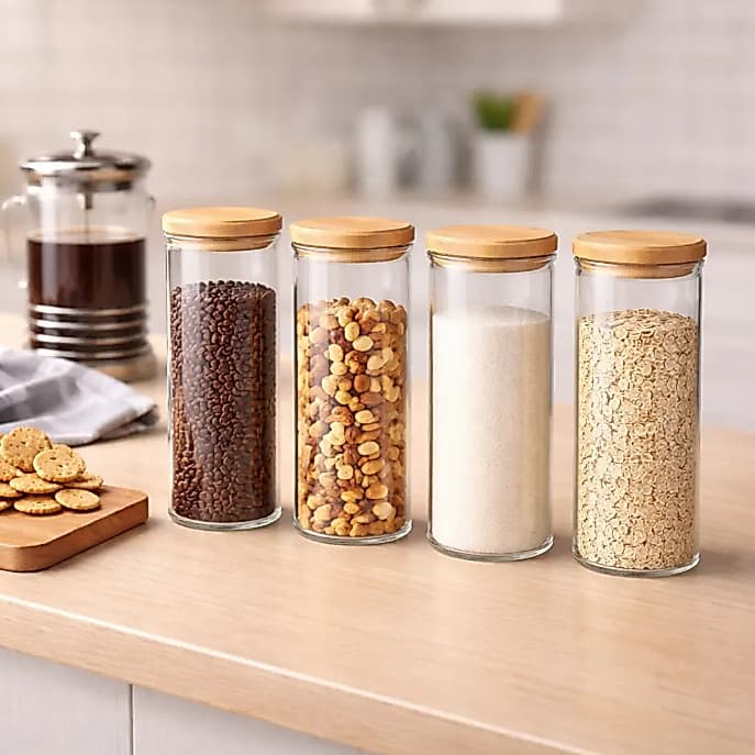 Kit 6 Potes de Vidro 450ml com Tampa de Bambu Hermético Mantimentos Condimentos Empilhaveis Organizador Cozinha Premium