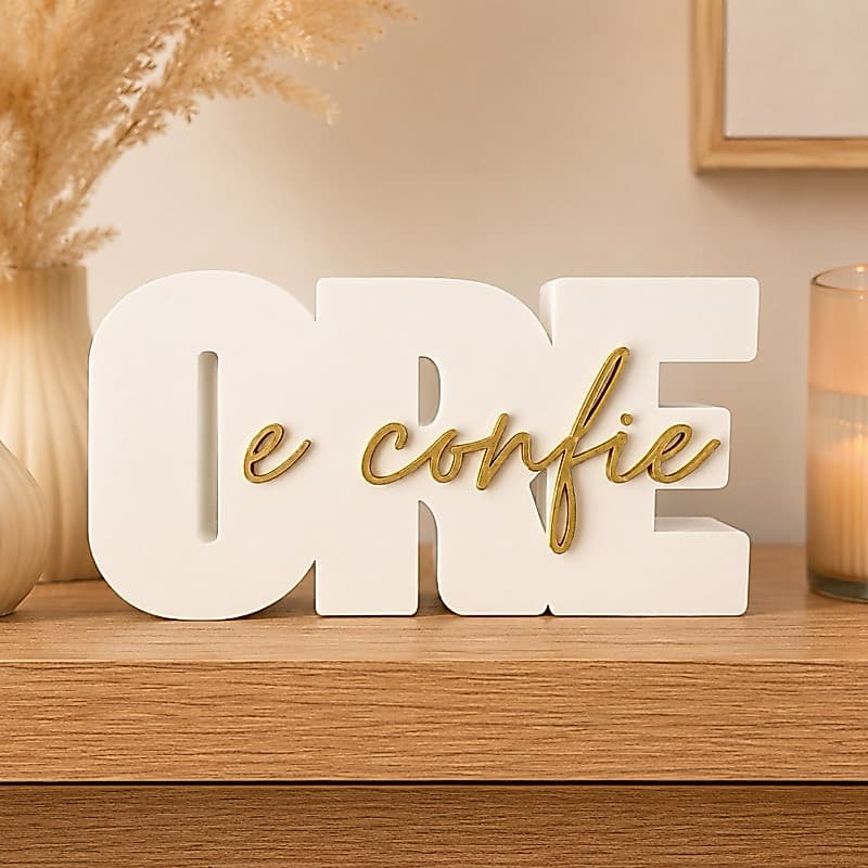 Ore e Confie Decorativo Católico Branco com Dourado Religiosa Oratório Enfeite Cristão Mesa Nicho Premium