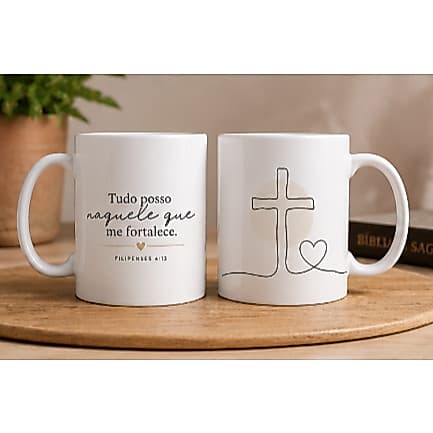 Caneca Cristã 325ml Tudo Posso Naquele Que Me Fortalece Presente Religioso em Porcelana Personalizada