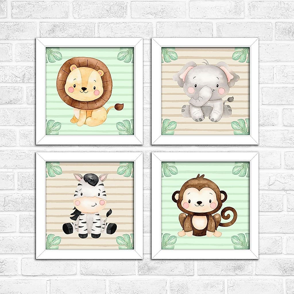 Kit Placa Quadrinho Decorativo 4 peças 20X20 MDF Animais Safari Folhagem Folhas Infantil Quarto Bebe