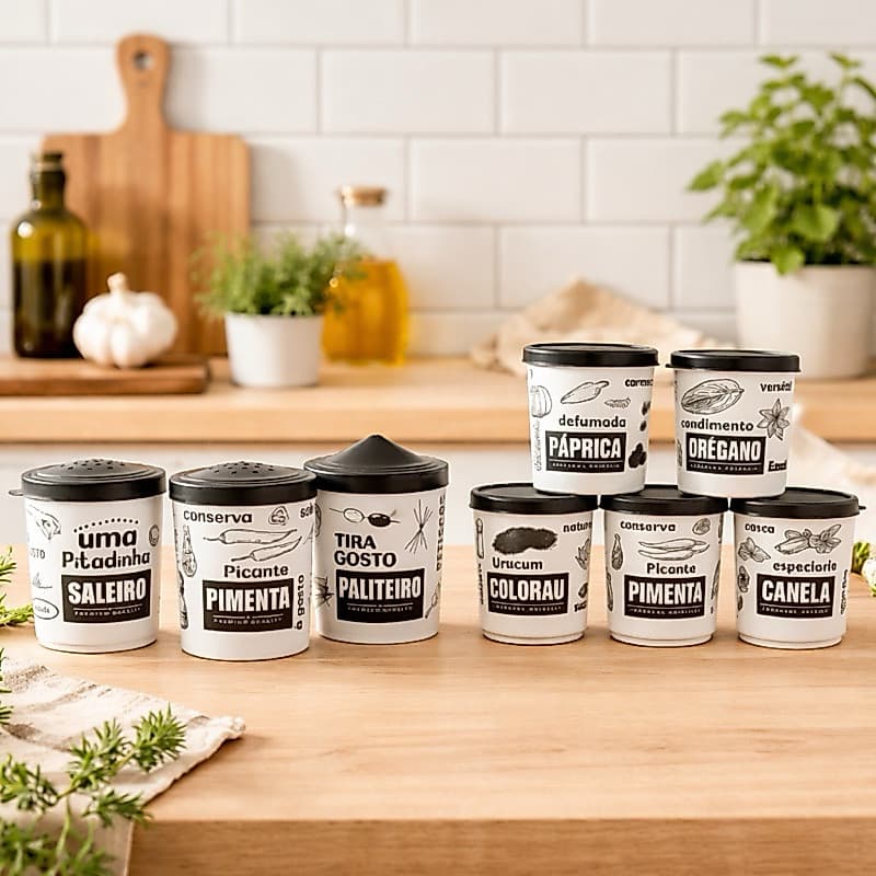 Kit Completo de Potes para Temperos e Mesa 140ml | Saleiro, Pimenteiro, Paliteiro e Condimentos