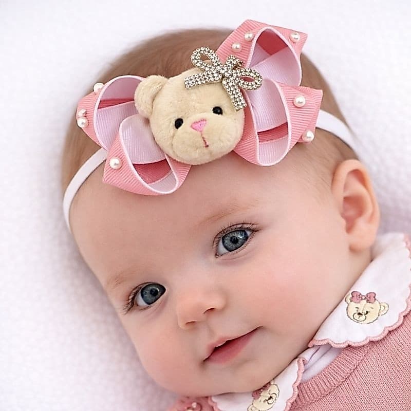 Faixinha de Bebê Luxo Rose com Branco Ursinha e Pérolas Meia de Seda