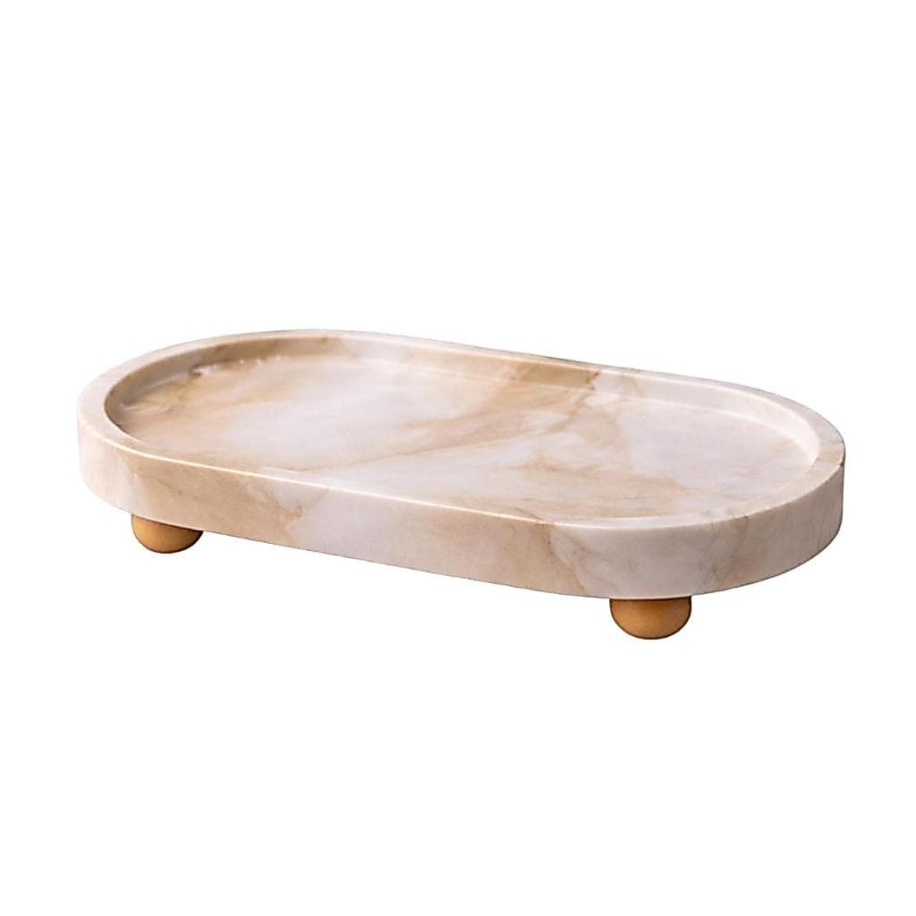 Bandeja Decorativa Oval com Pé Bege Marmorizada 17,5x9,2cm Porta Joias Sabonete Banheiro Resina