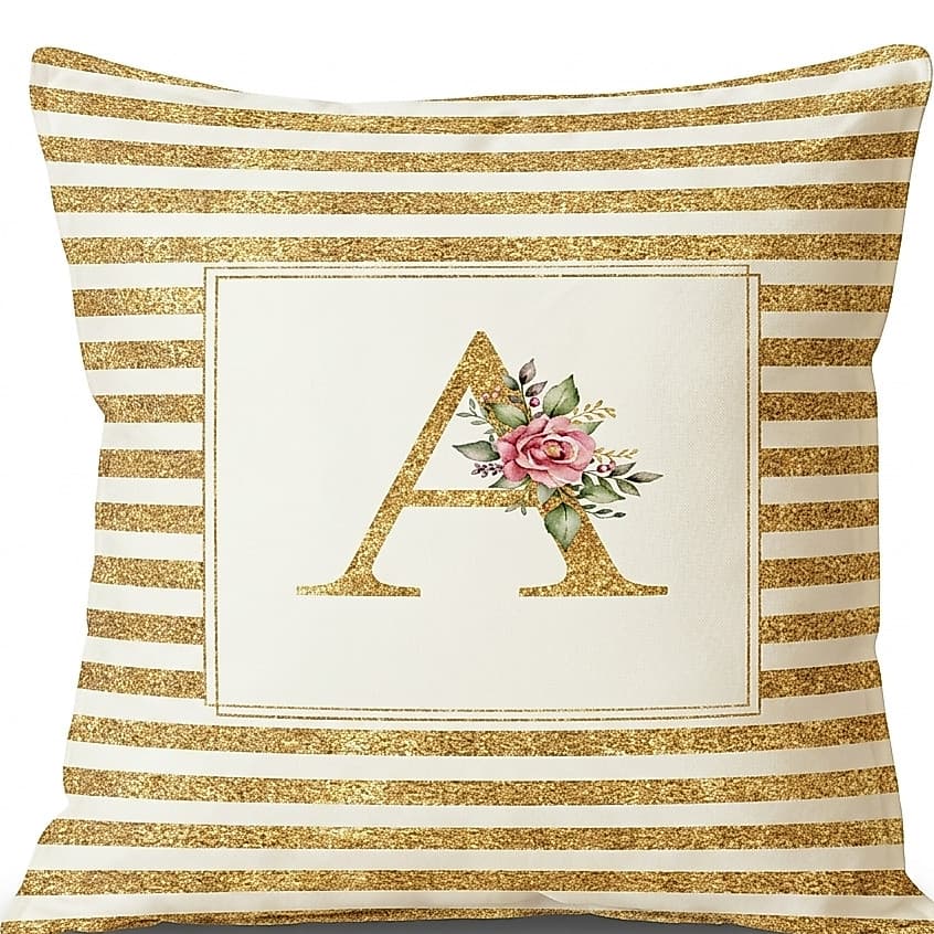 Capa de Almofada Oxford Estampada Inicial Letra Dourada Floral 45x45 com Zíper Decorativa Sala Quarto