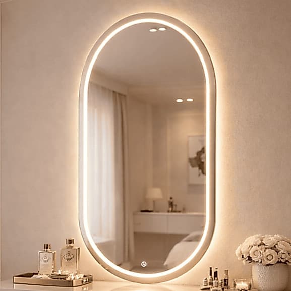 Espelho Oval 40x80cm Jateado Com 3 Cores Led com Botão Touch Lapidado Decoração Quarto Banheiro